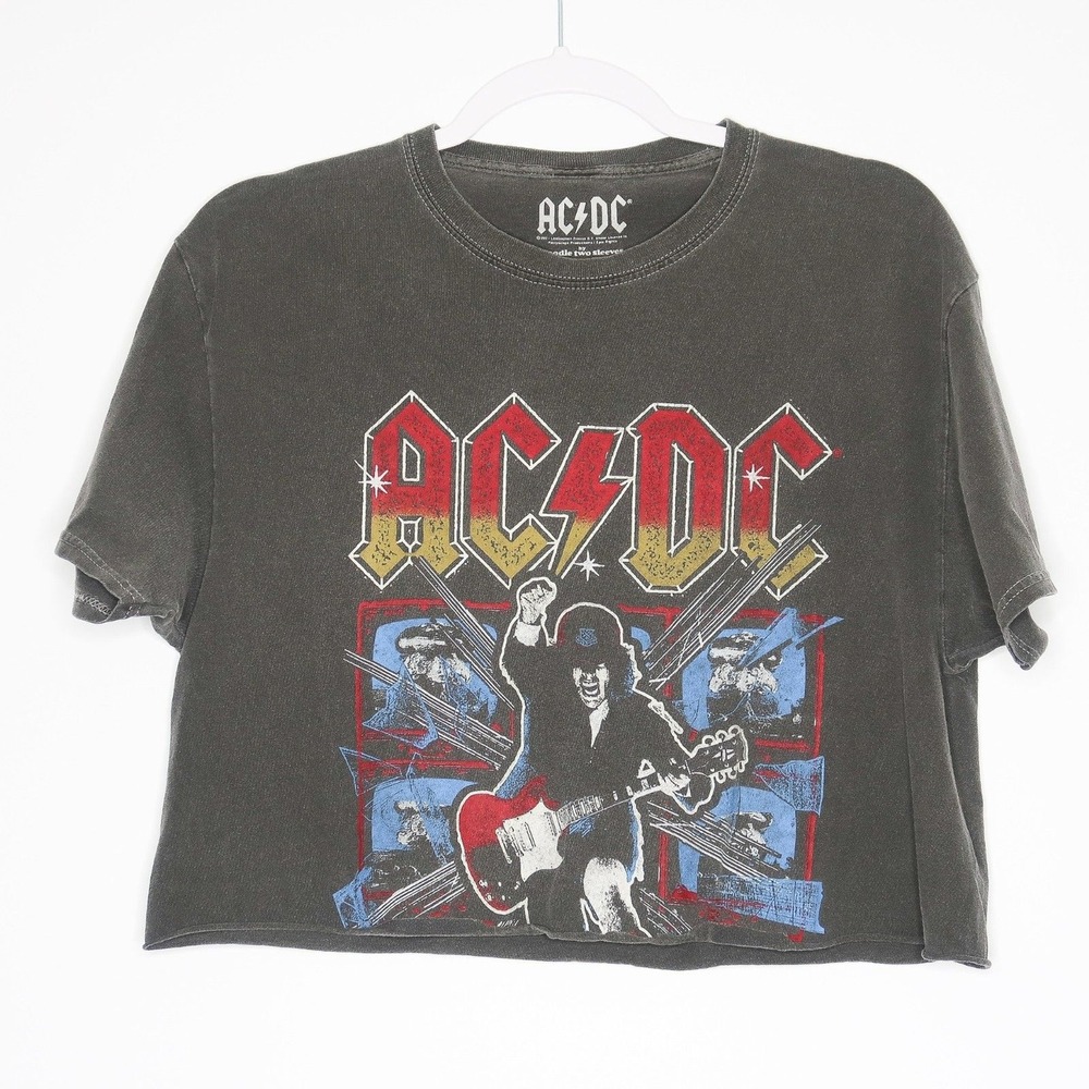 AC/DC Womens Crop Graphic Tee S/M Gray Short Sleeve Shirt Festival Rock‎
